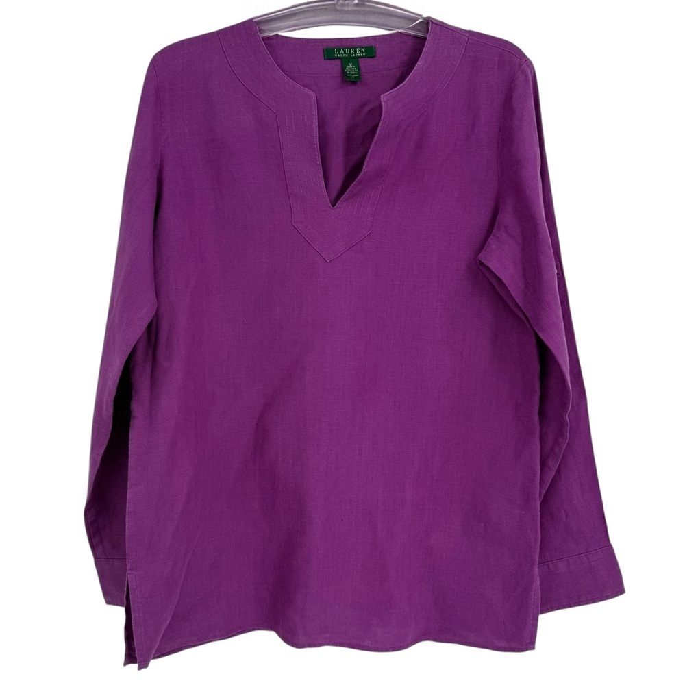 LAUREN RALPH LAUREN Tunic 100% Linen Top Womens Purple Roll Tab Size Medium